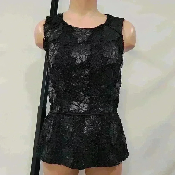 Greylin Lace Crochet Faux Leather Floral Peplum Top - Picture 1 of 10